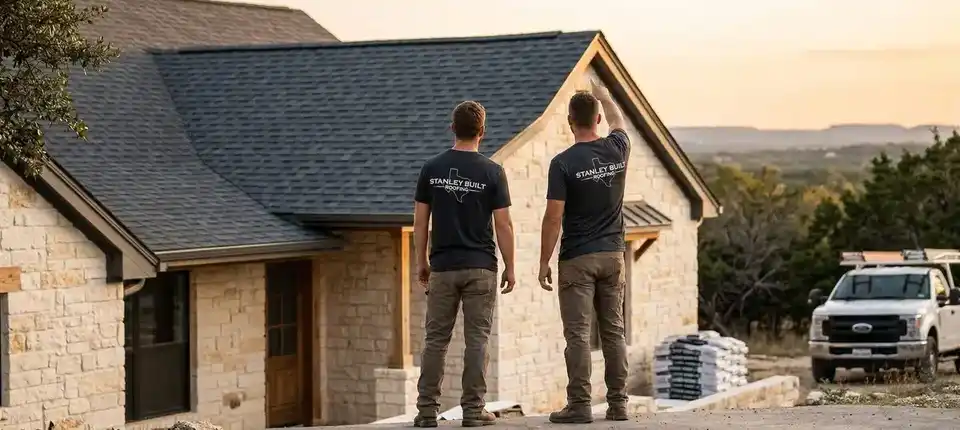 Stanley Built Roofing team working on a residential roof in Austin, Texas