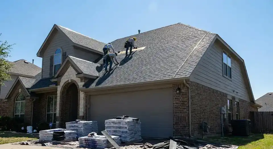 Roof replacement in progress on an Austin, Texas home by Stanley Built Roofing